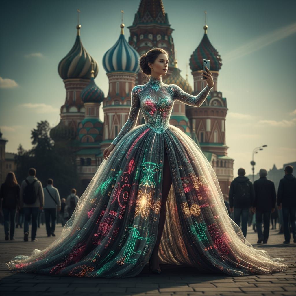 Futuristic Woman Selfies at Saint Basil's Cathedral