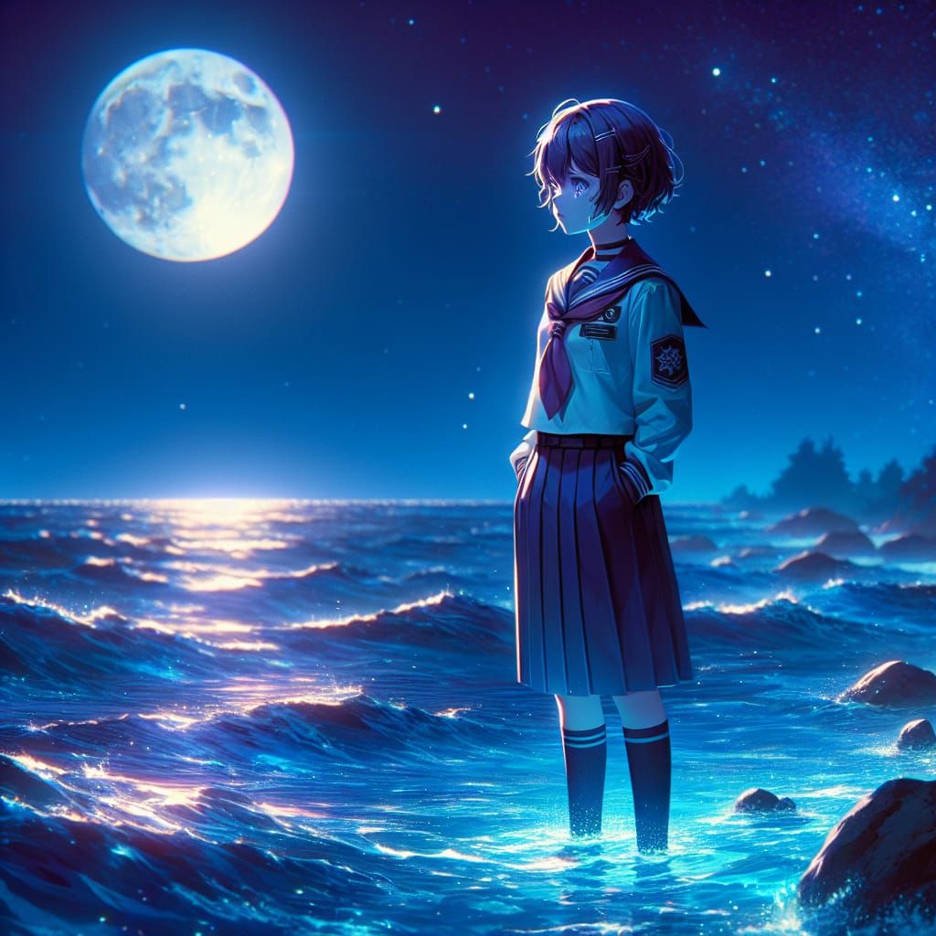 Anime Girl in Moonlit Ocean: Melancholic Digital Art