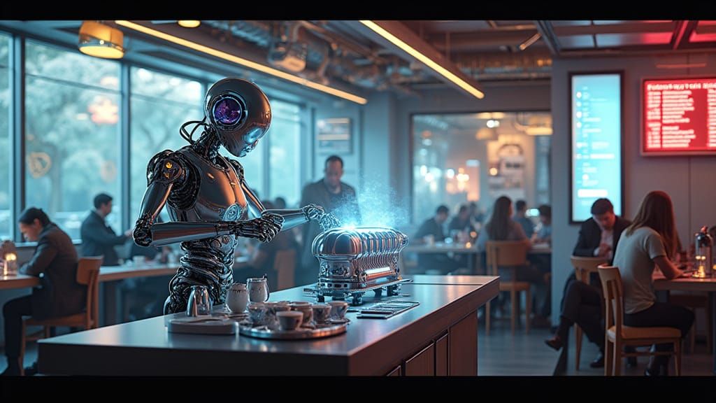 Cybernetic Robot Barista Serves Coffee in Futuristic Café