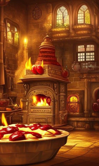 Cherry Pie Kitchen Fireplace in Digital Matte Painting Style