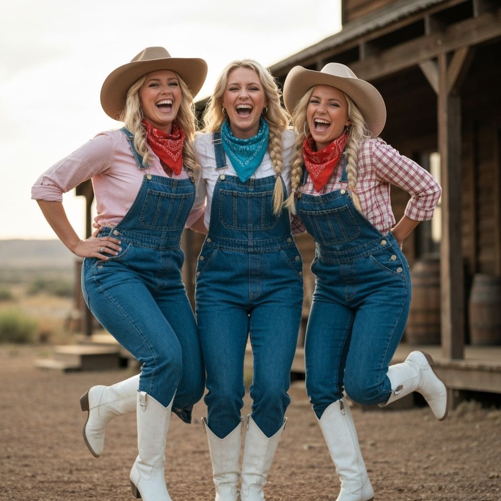 Three Blonde Women in Old Western Clothes Giggling