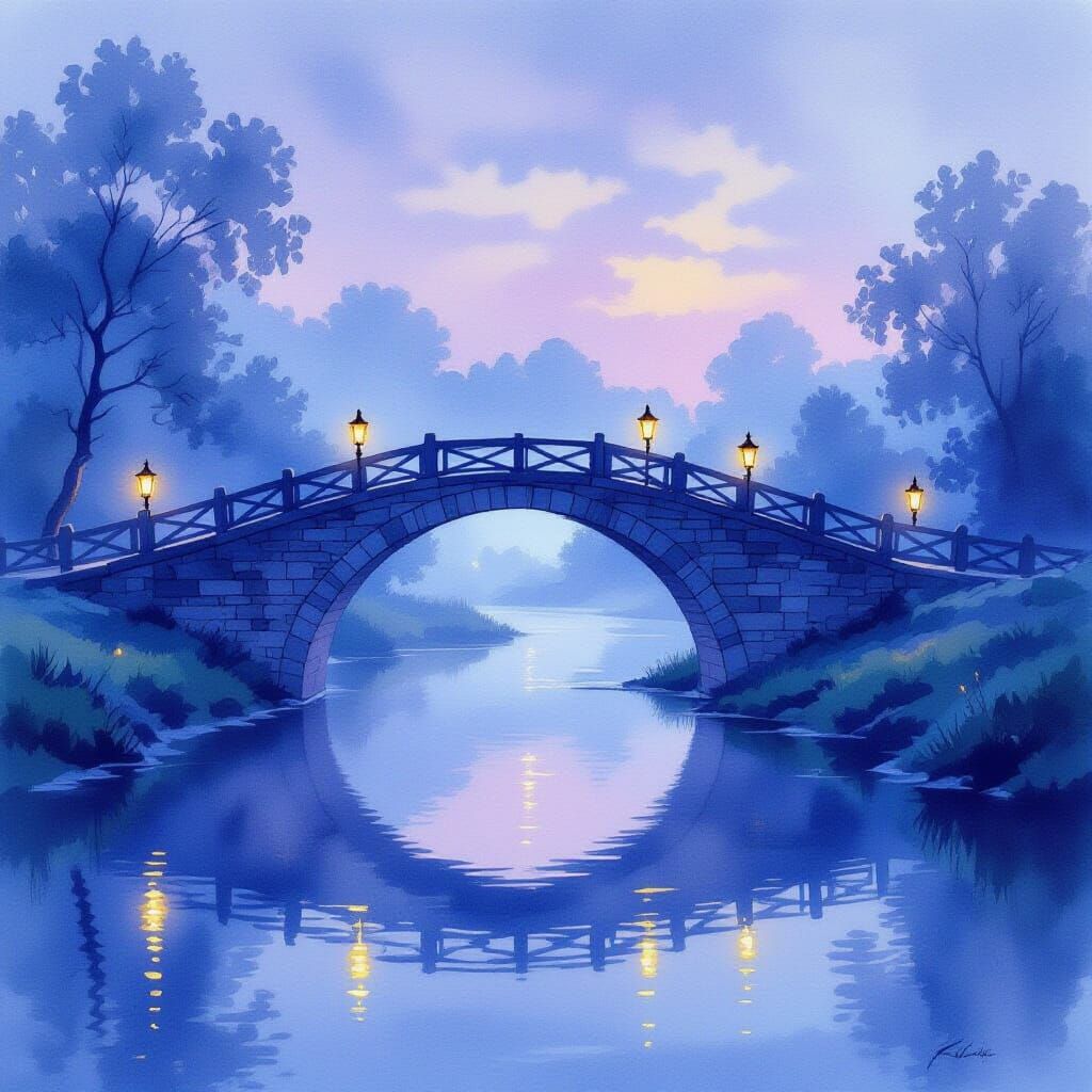 A solitary, ancient stone bridge arching over a silent, mist...