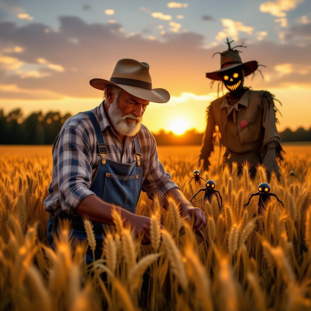 Hyperrealistic Farmer Confronts Monsters at Sunset