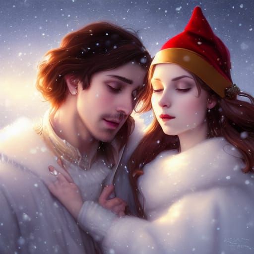 Fantasy Christmas Couple Portrait in Art Nouveau Style