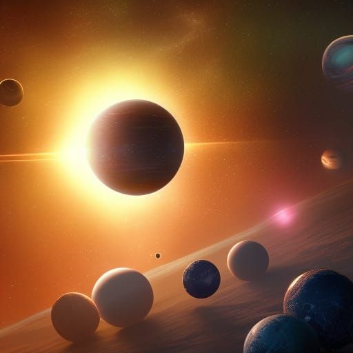 Planets Orbiting Sun in Fantastical Galaxy Art