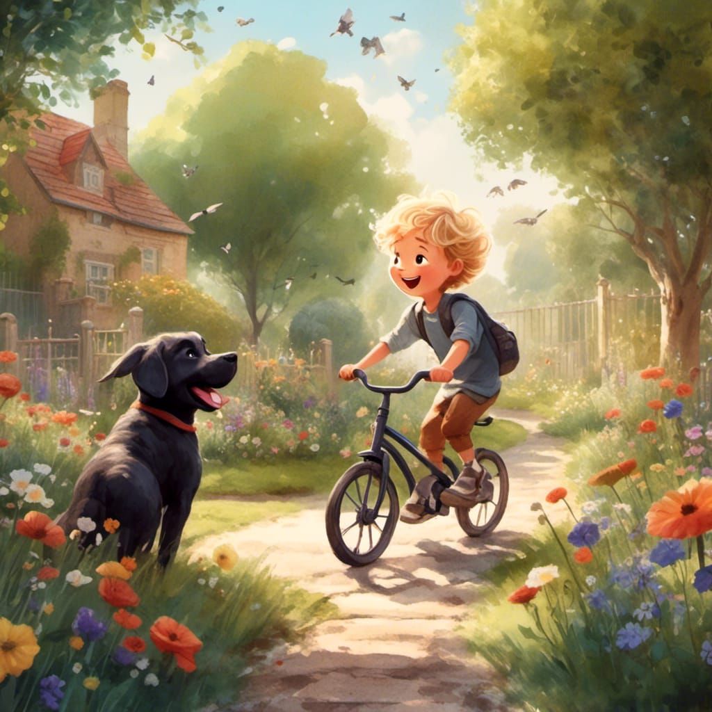 <lora:Kyoot:1.0> Watercolour. A small boy with blond, curly hair riding his bicycle down a garden pathway. the boy has d...