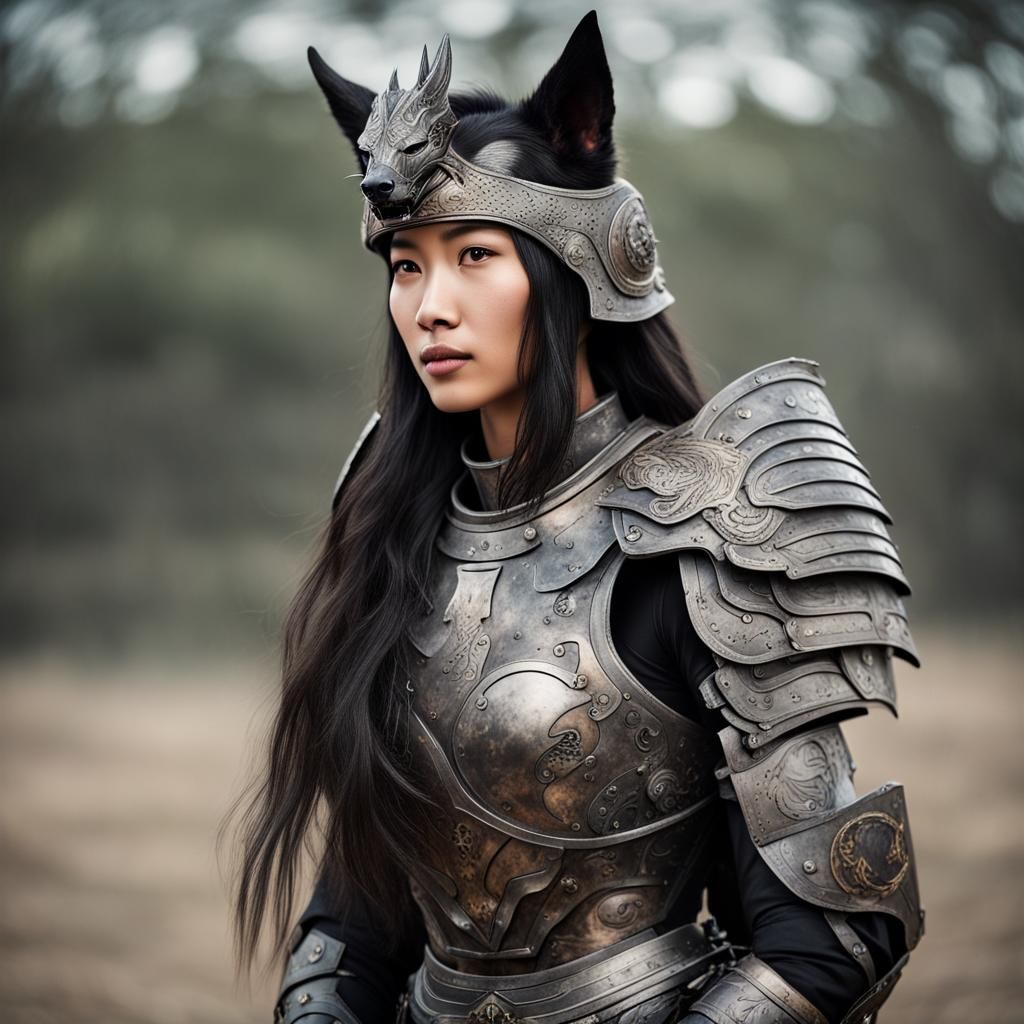 Warrior Woman and Dog in Magic Armor