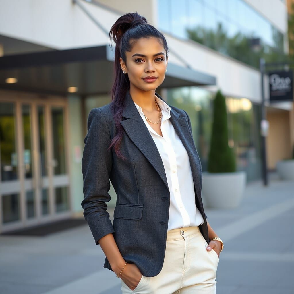 Professional Woman in Business Attire with Purple Hair