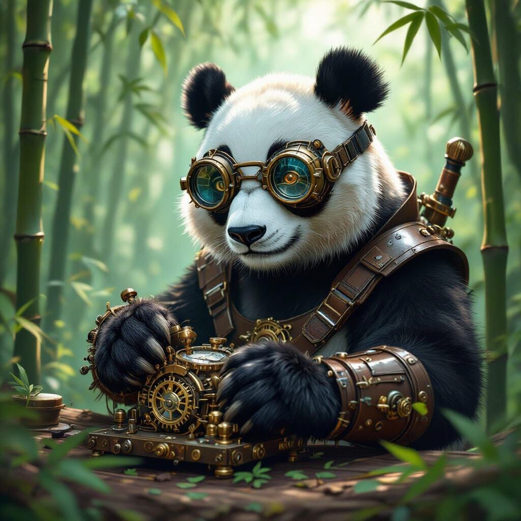 Steampunk Panda Tinkering with Clockwork in Bamboo Forest