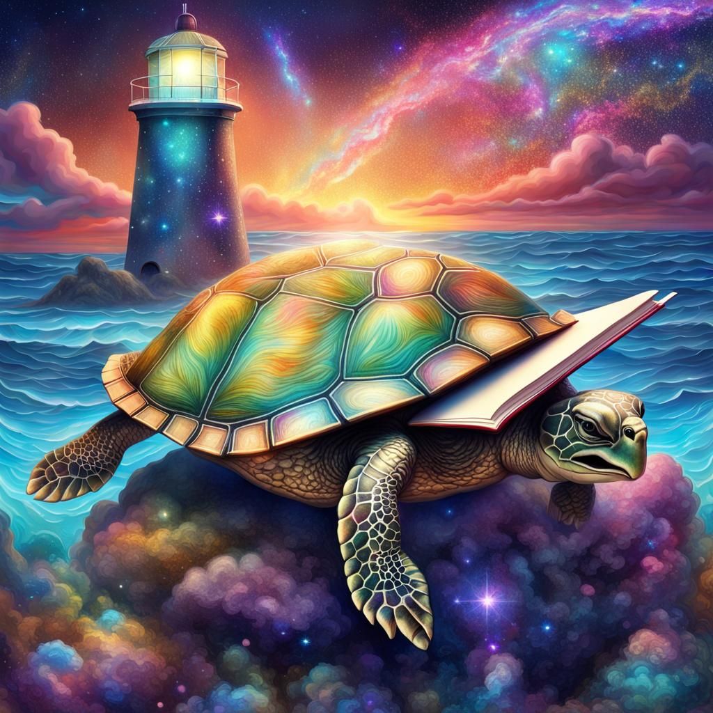 Groovy Turtle Lighthouse Reading by the Sea