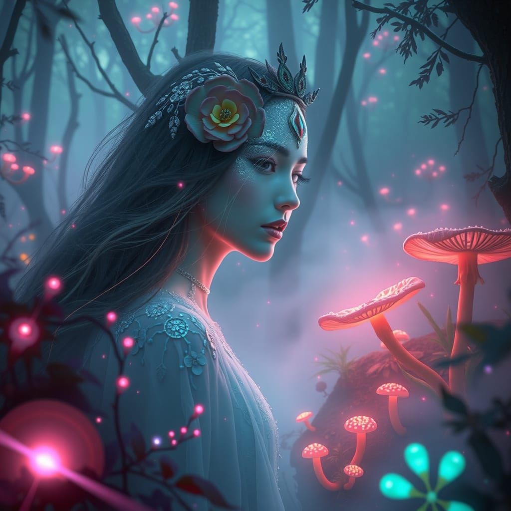 Ethereal Being in Bioluminescent Forest, Surreal Fantasy