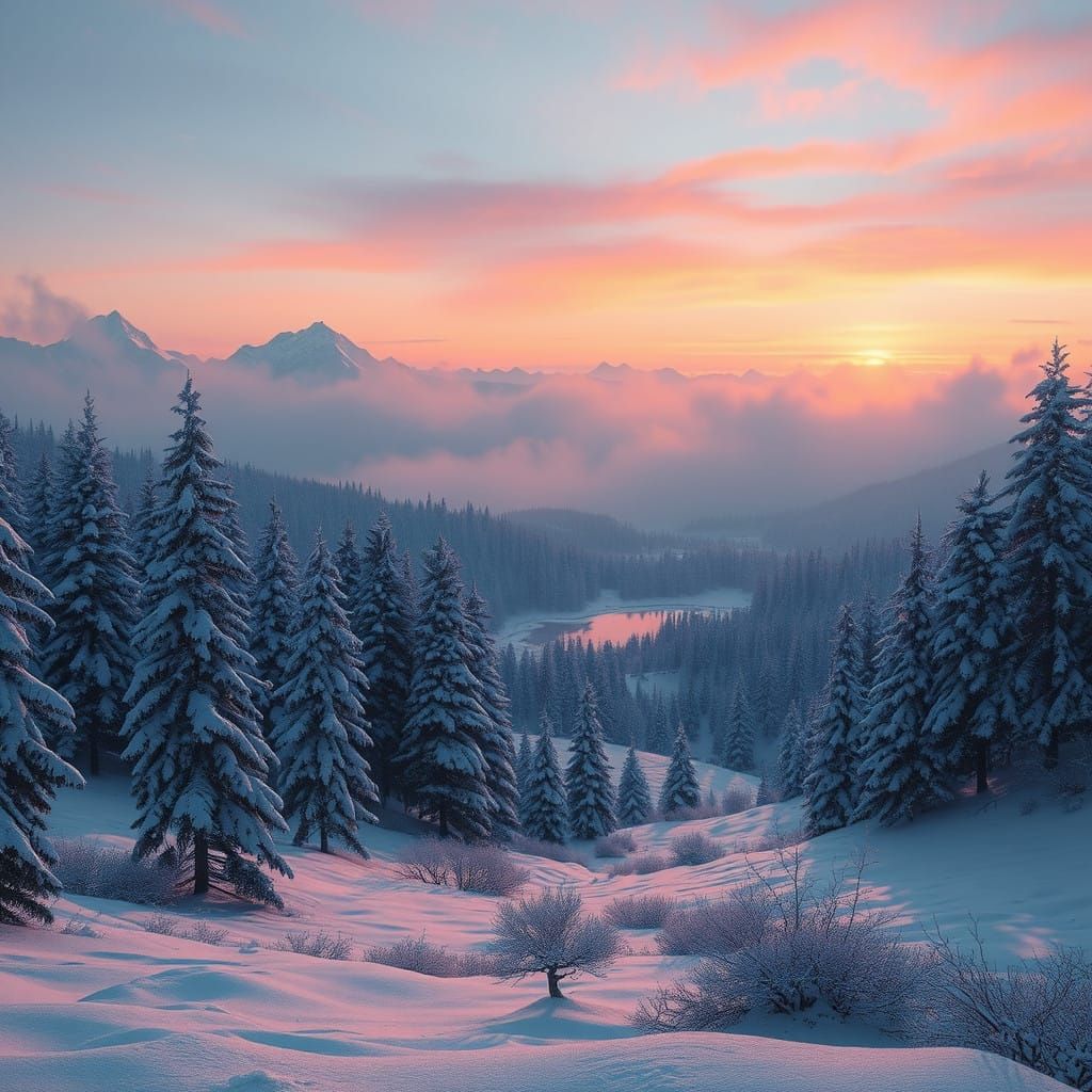 Snow-Covered Pine Trees at Sunrise