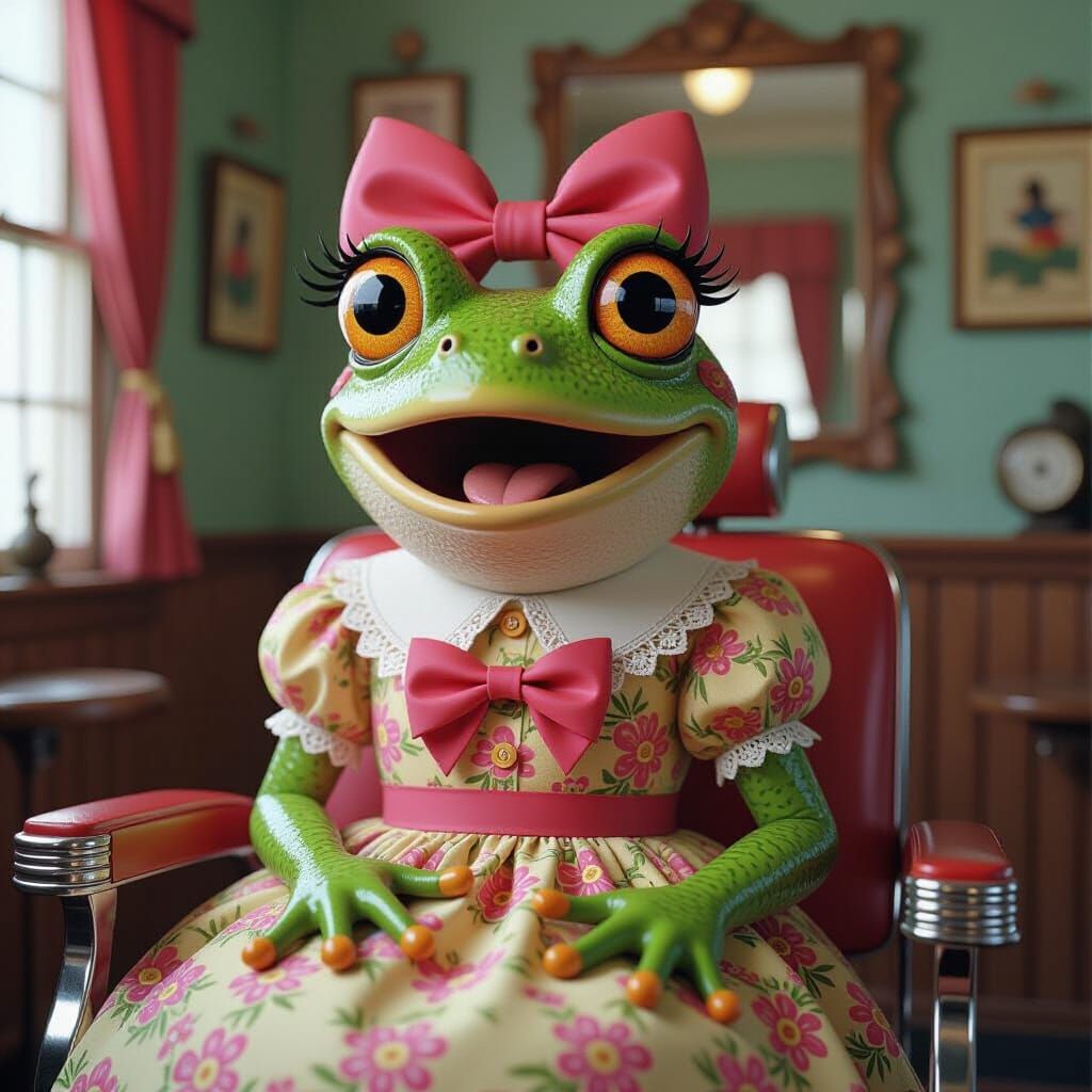 Surprised Frog in Barbershop: Eerie Whimsical Realism