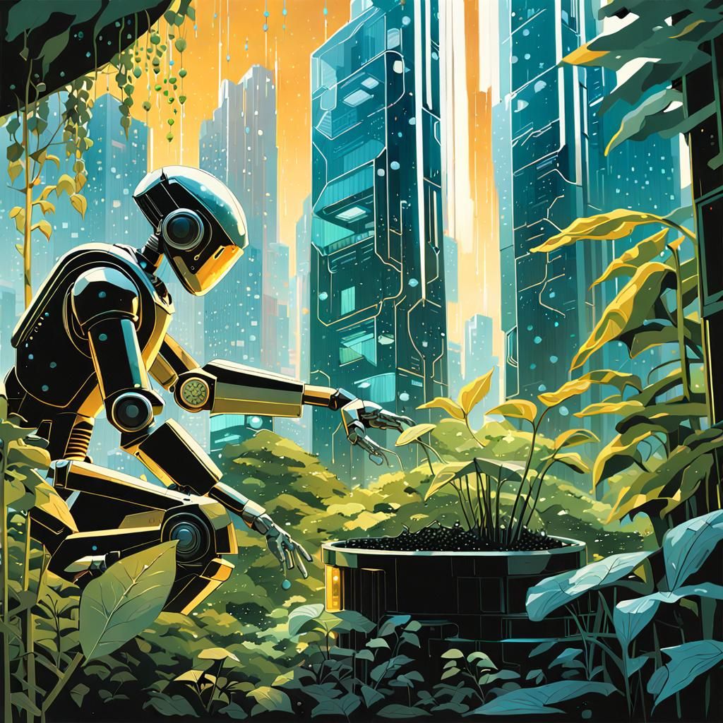 Robot Gardener in Futuristic Urban Landscape