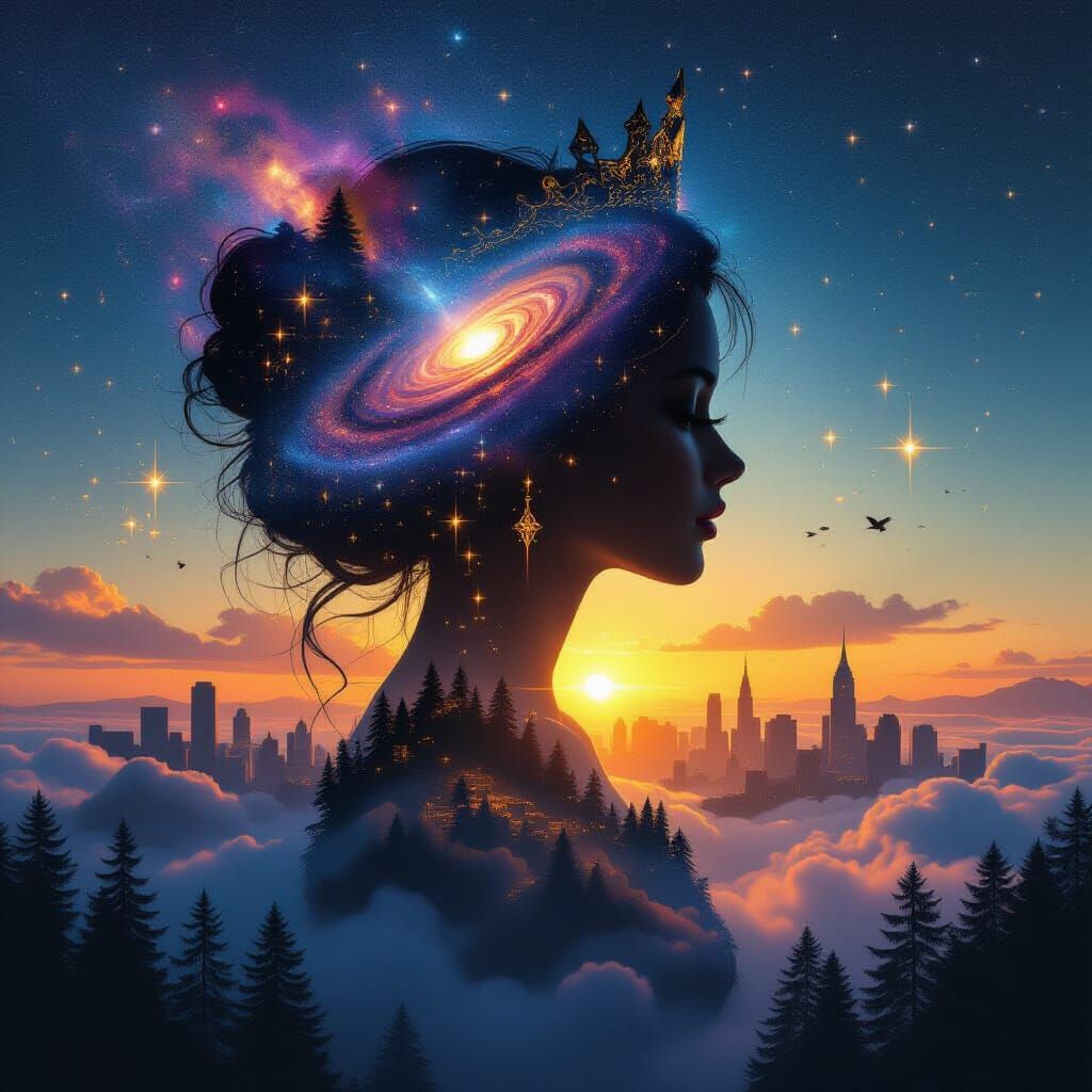 Galaxy Princess Silhouette with Drip Effect and Cityscape