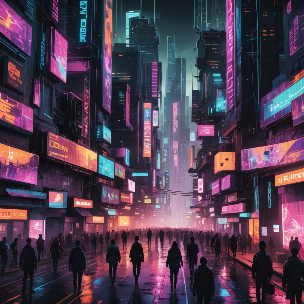 Futuristic Glitch Cityscape in Cyberpunk Style