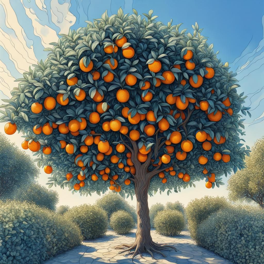 Kumquat Tree Watercolor Painting in Garden Setting