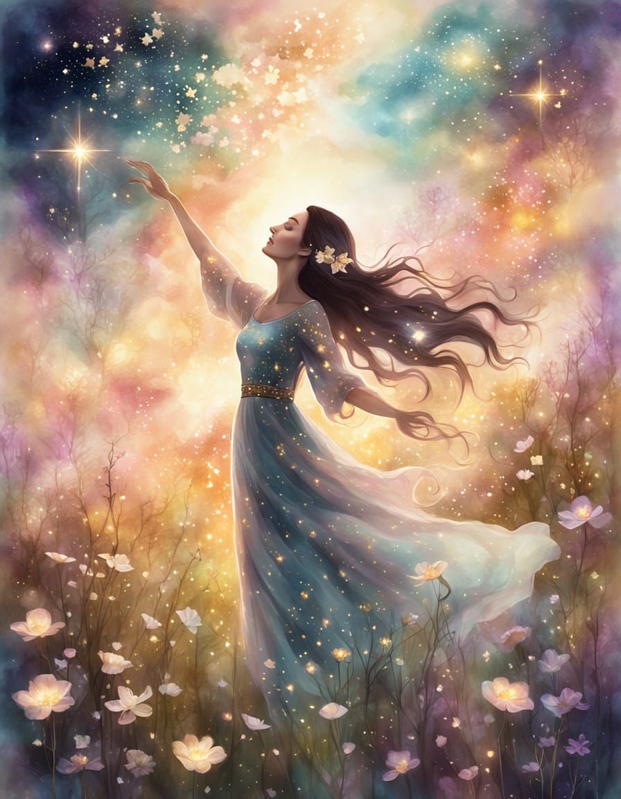 Mysterious Girl in Starry Meadow: Fantasy Art