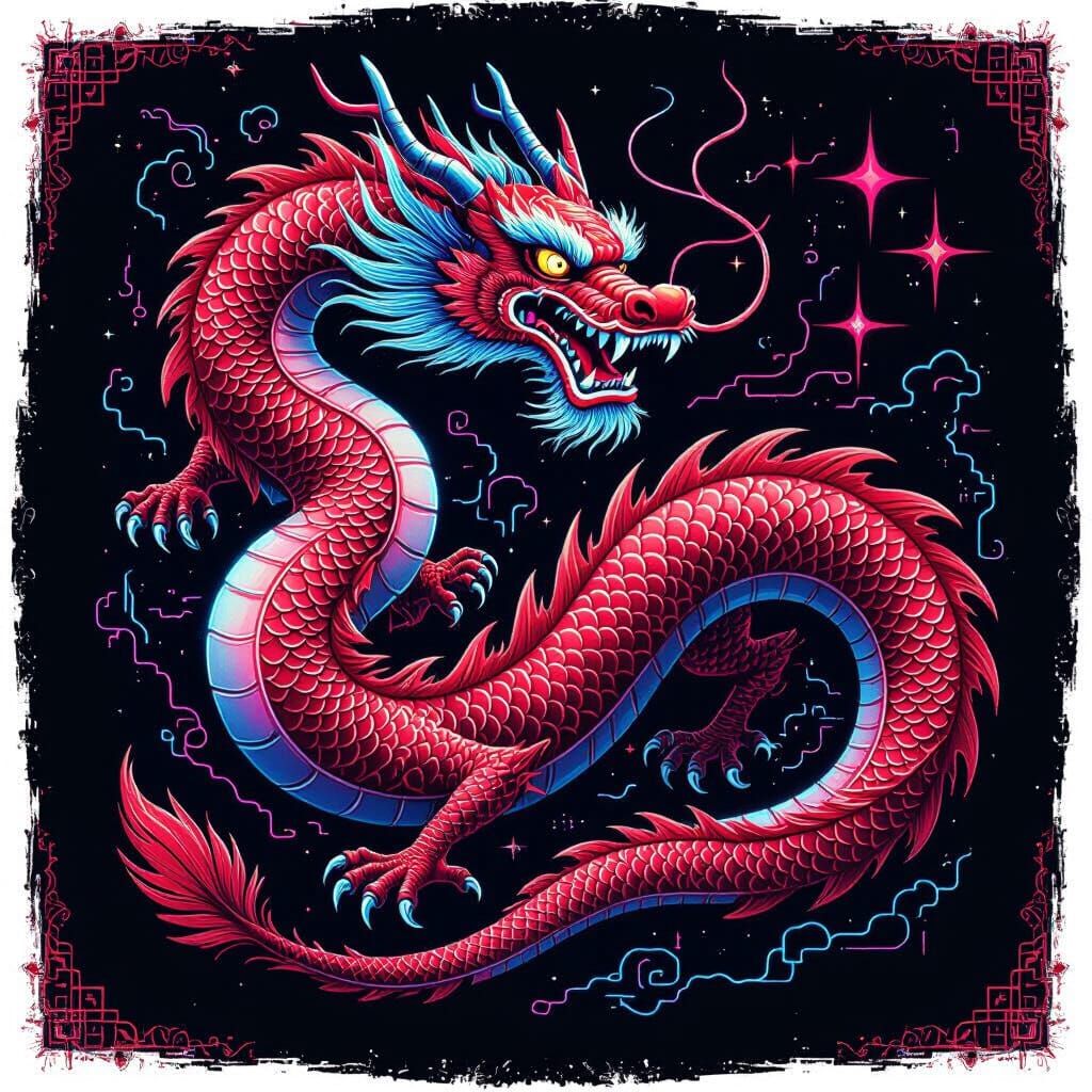 Majestic Red Chinese Dragon on Black Background