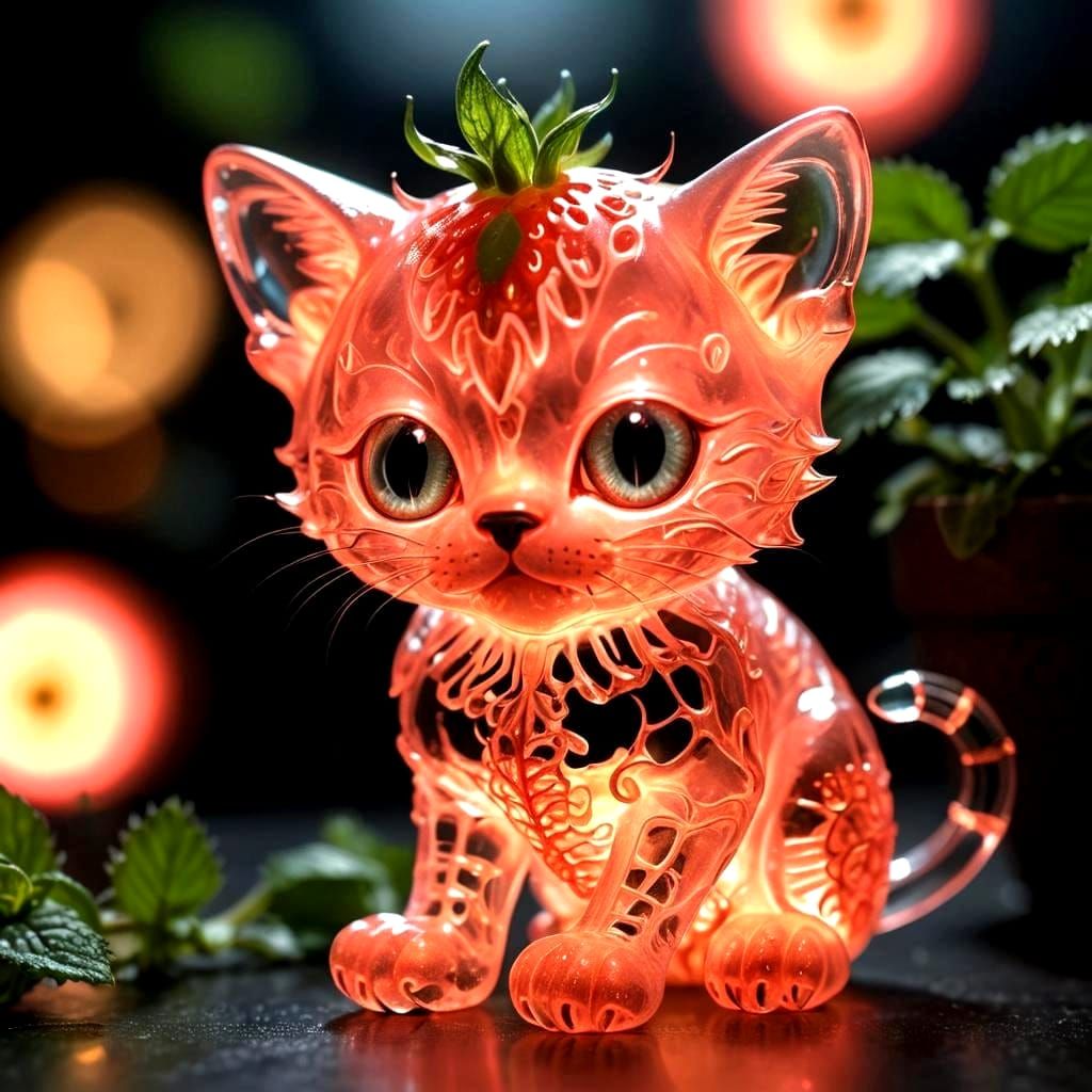 Translucent Strawberry Kitten with Glowing Skeleton