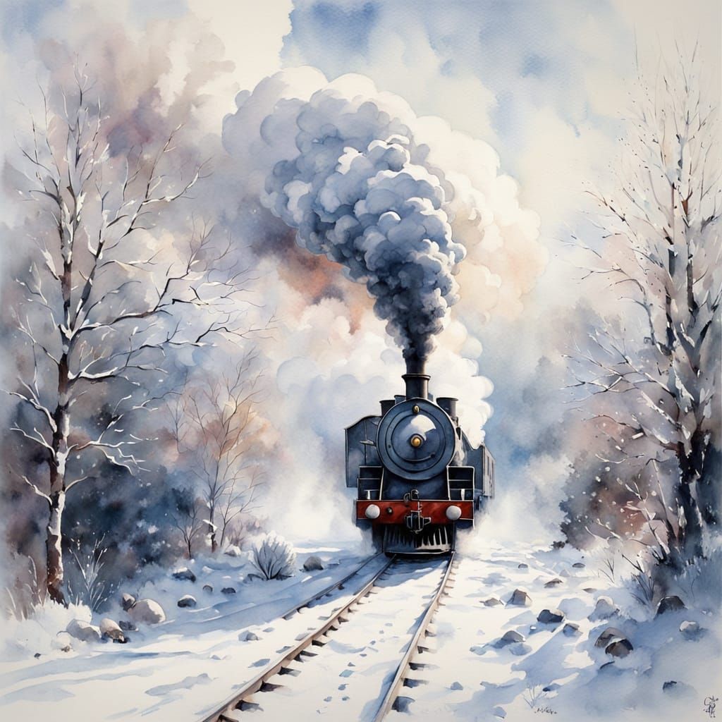 Steam Train in Snowy Landscape Watercolour Painting