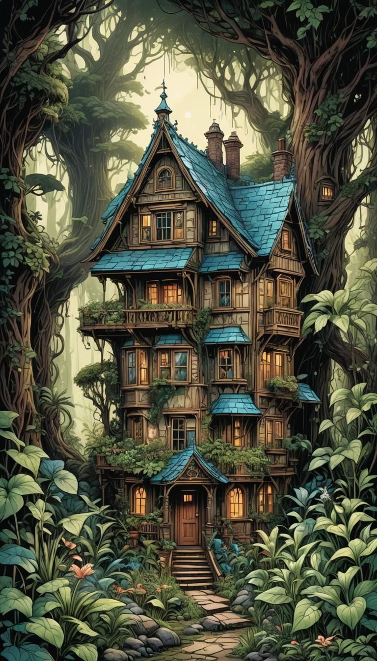 Resin House with Fairy Plants in Comic Book Style