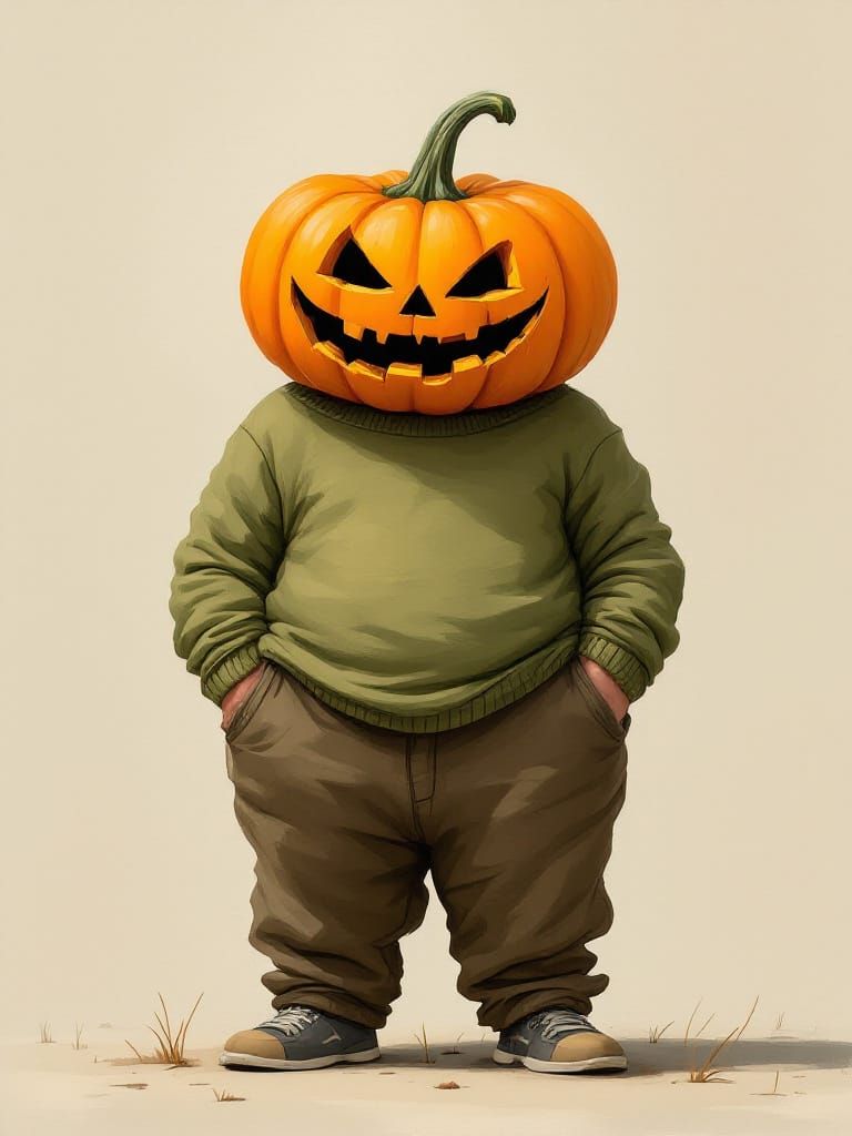 Whimsical Pumpkin-Headed Character in Dreamlike Setting