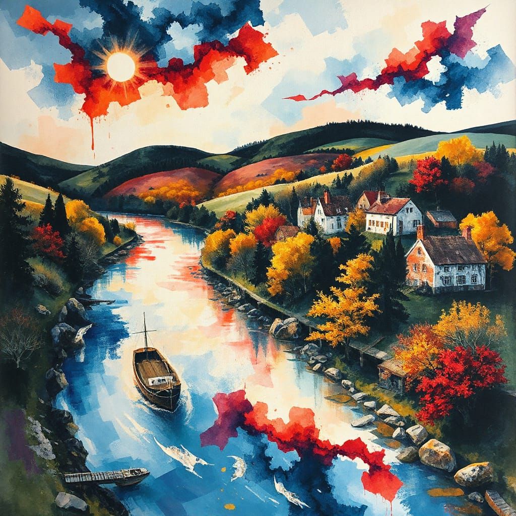 Riverside Town in Abstract Expressionist Watercolor