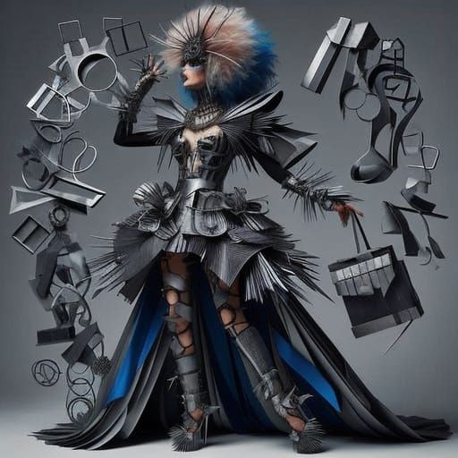 Avant-Garde Woman in Bold, Sculptural Metal Outfit