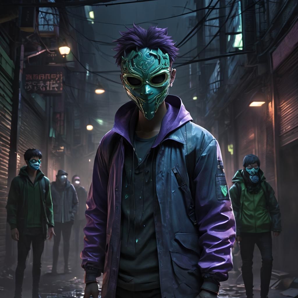 Man Wearing Overlapping Masks in Misty Alleyway