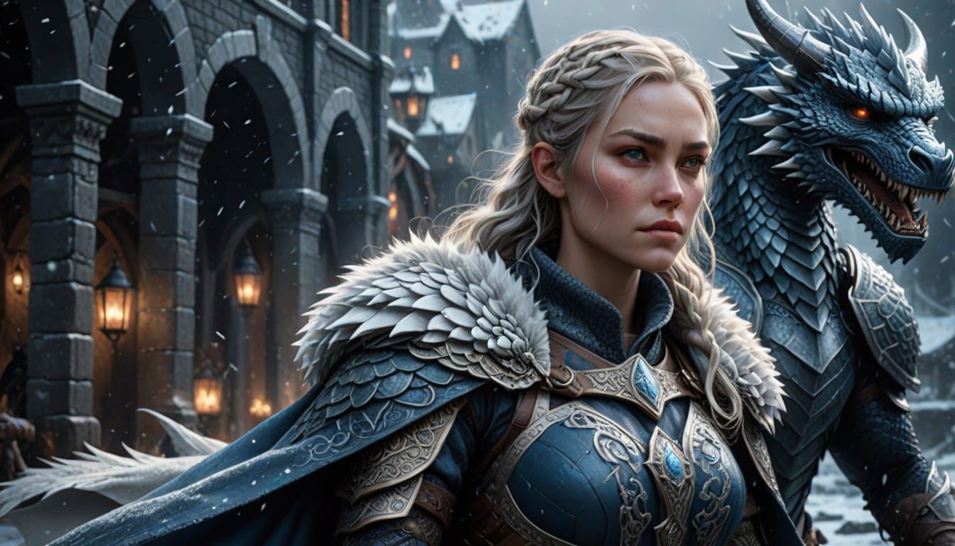 Viking Woman with Tiny Dragon in Snowstorm: Digital Art