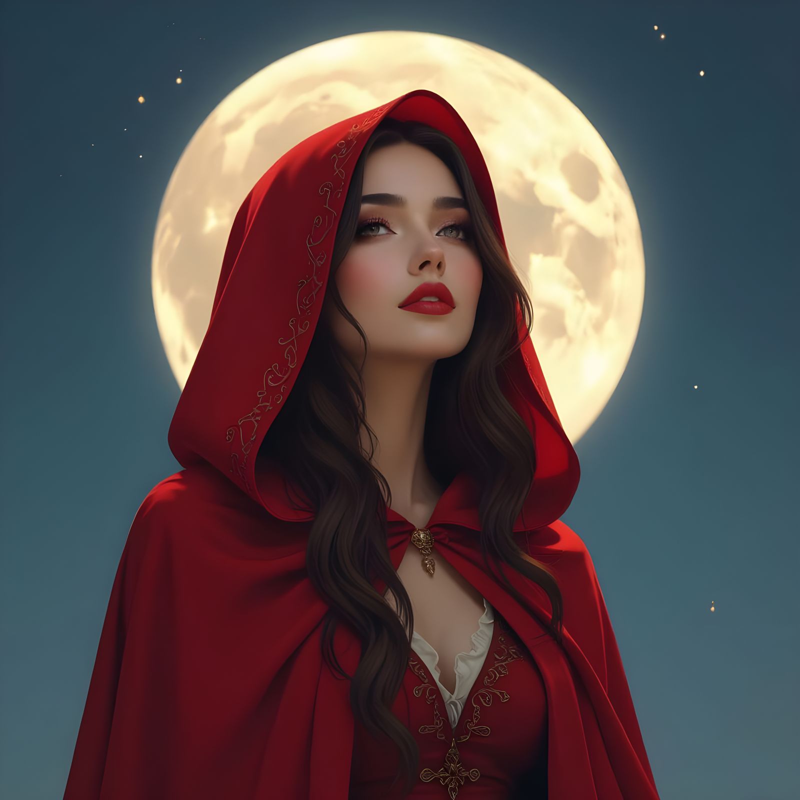 Sonata in Red Hood Under Moonlight with Mysterious Gaze