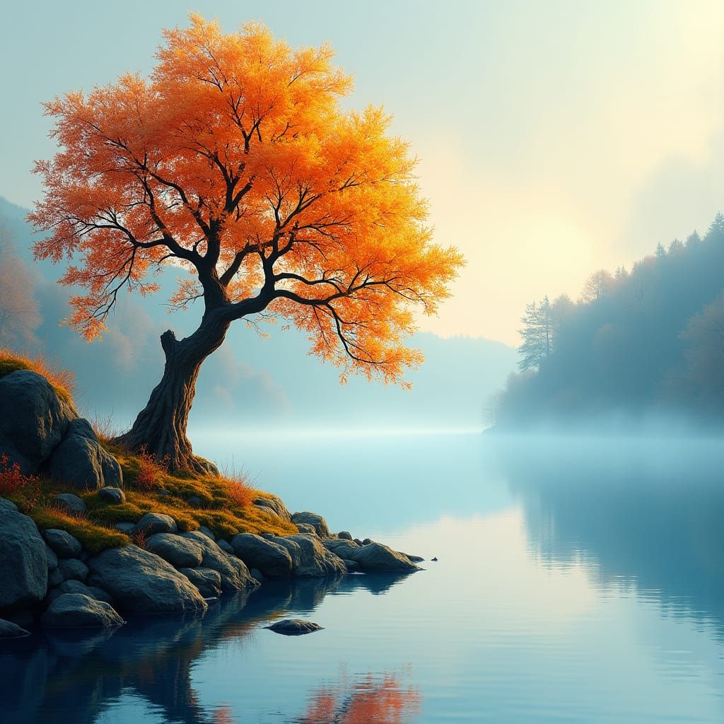 Autumn Tree Reflected in Lake: Impressionistic Landscape
