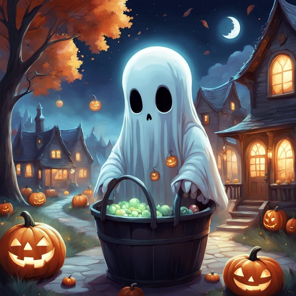 Cute Halloween Ghost Trick-or-Treating Under Full Moon