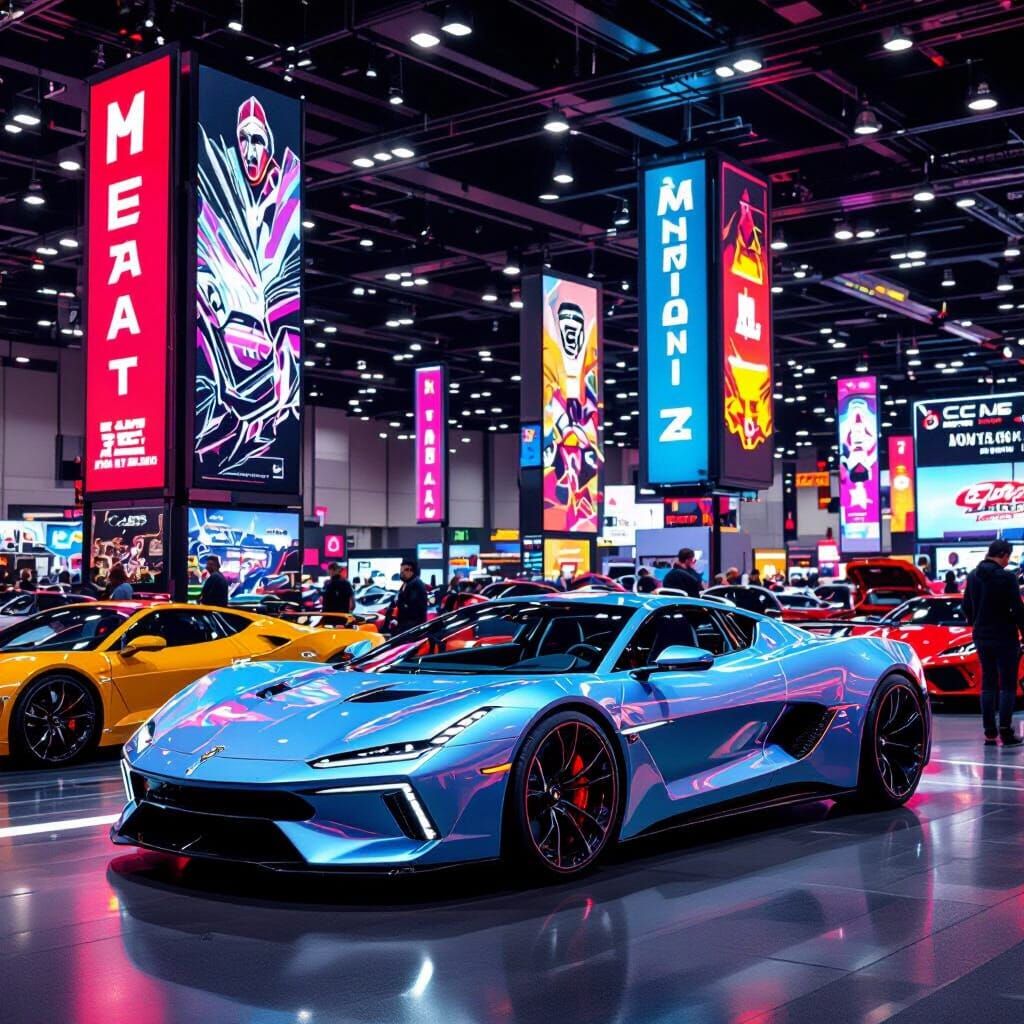 Futuristic Car Show Signs in Neon-Lit Style