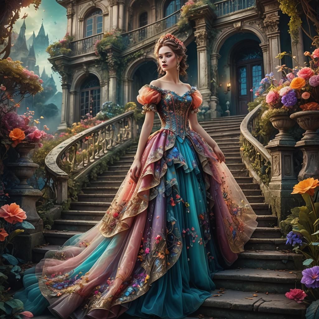 Elegant Woman in Rococo Dress in Fantasy Garden