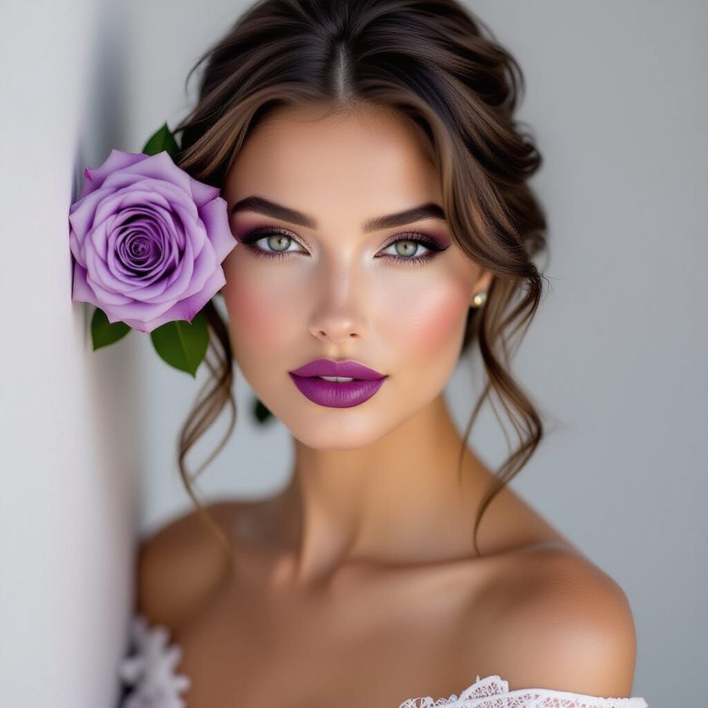 monochrome portrait of a woman with purple lips and a purple rose in her hair