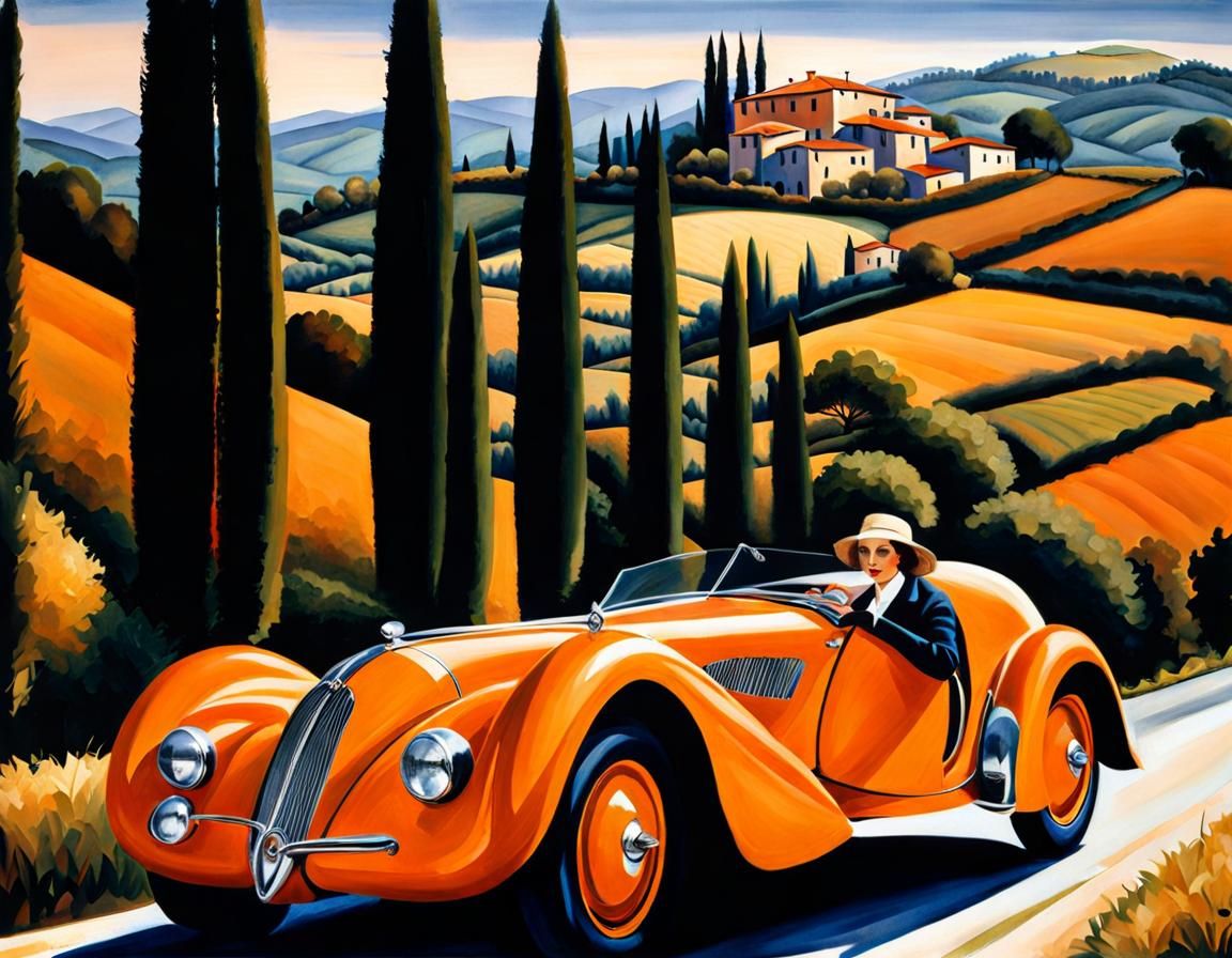Woman Driving Bugatti in Toscana, Art Deco Style