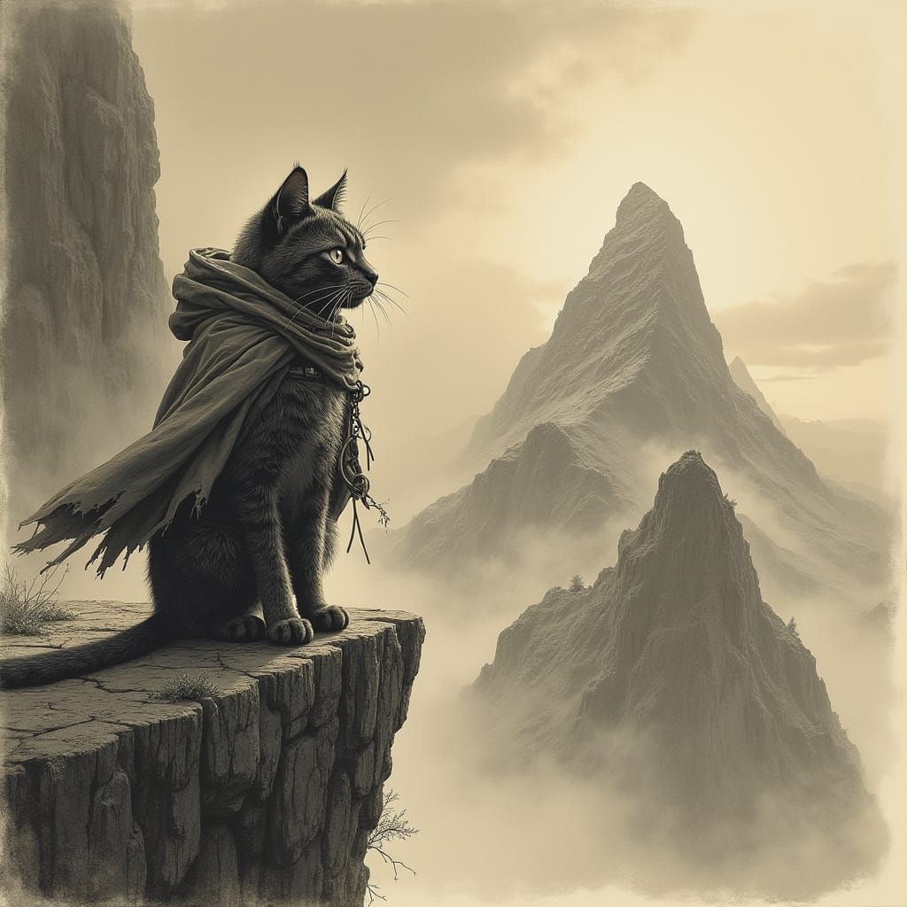 Mysterious Feline Adventurer on the Edge of a Mysterious Mou...