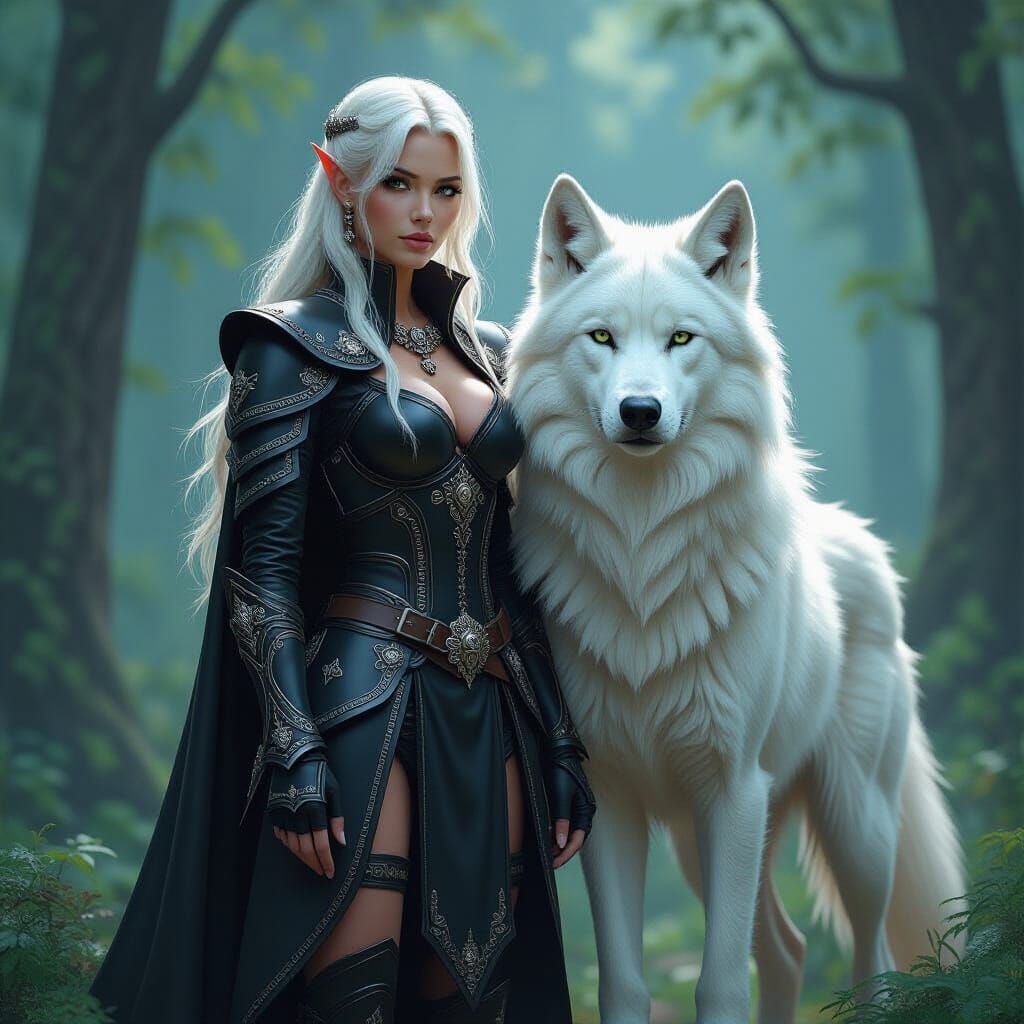 Elf Warrior and White Wolf in Mystical Forest