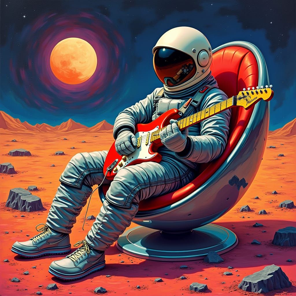 Astronaut on Mars with Guitar in Futuristic Setting