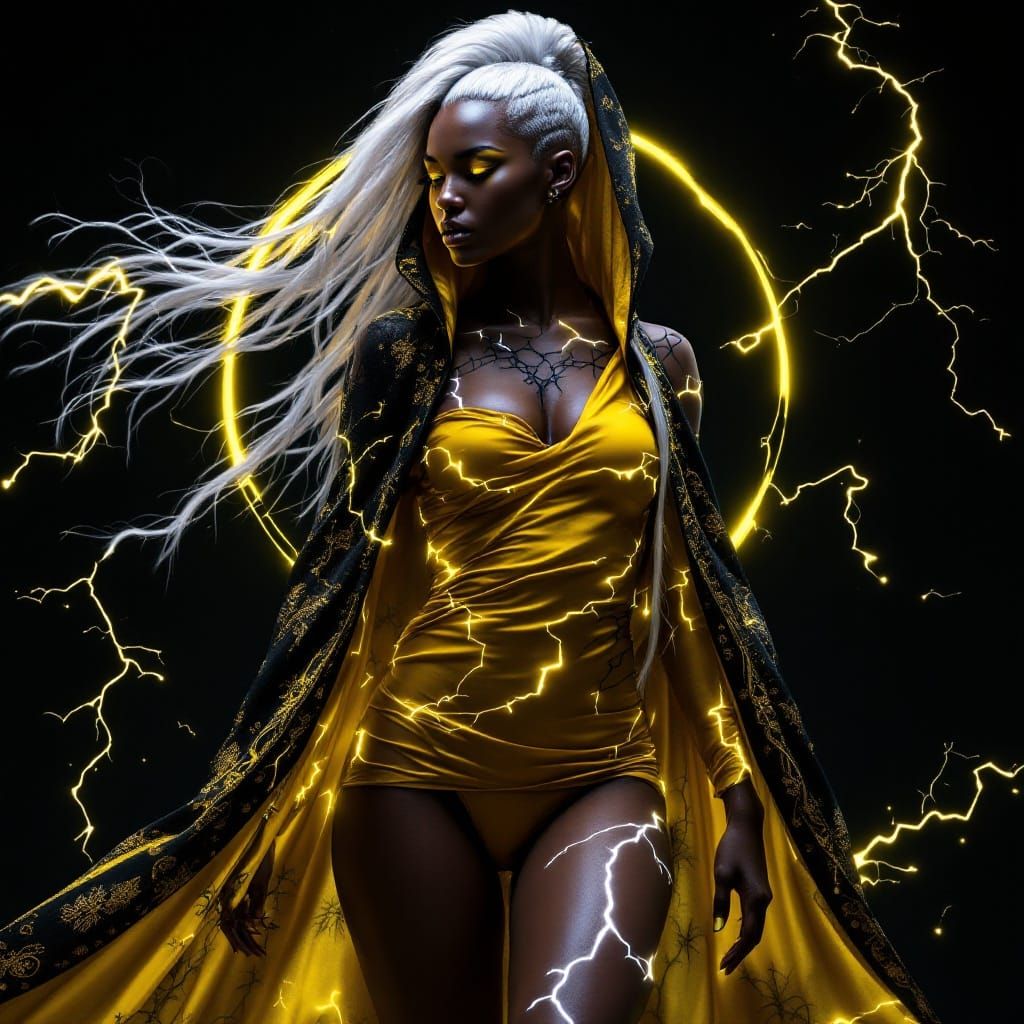 Ethereal Nubian Storm Goddess in Gothic Fantasy Attire