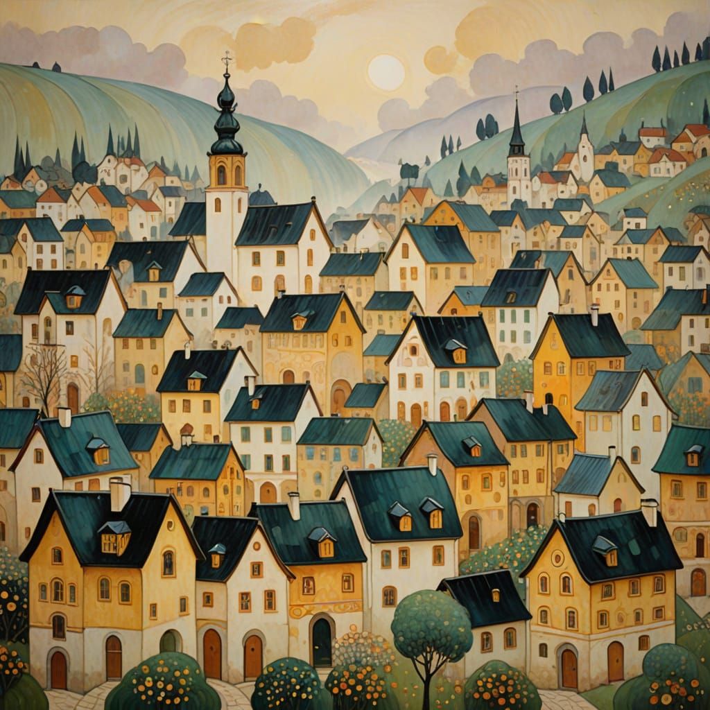 Golden Village in Mist with Whimsical Patterns
