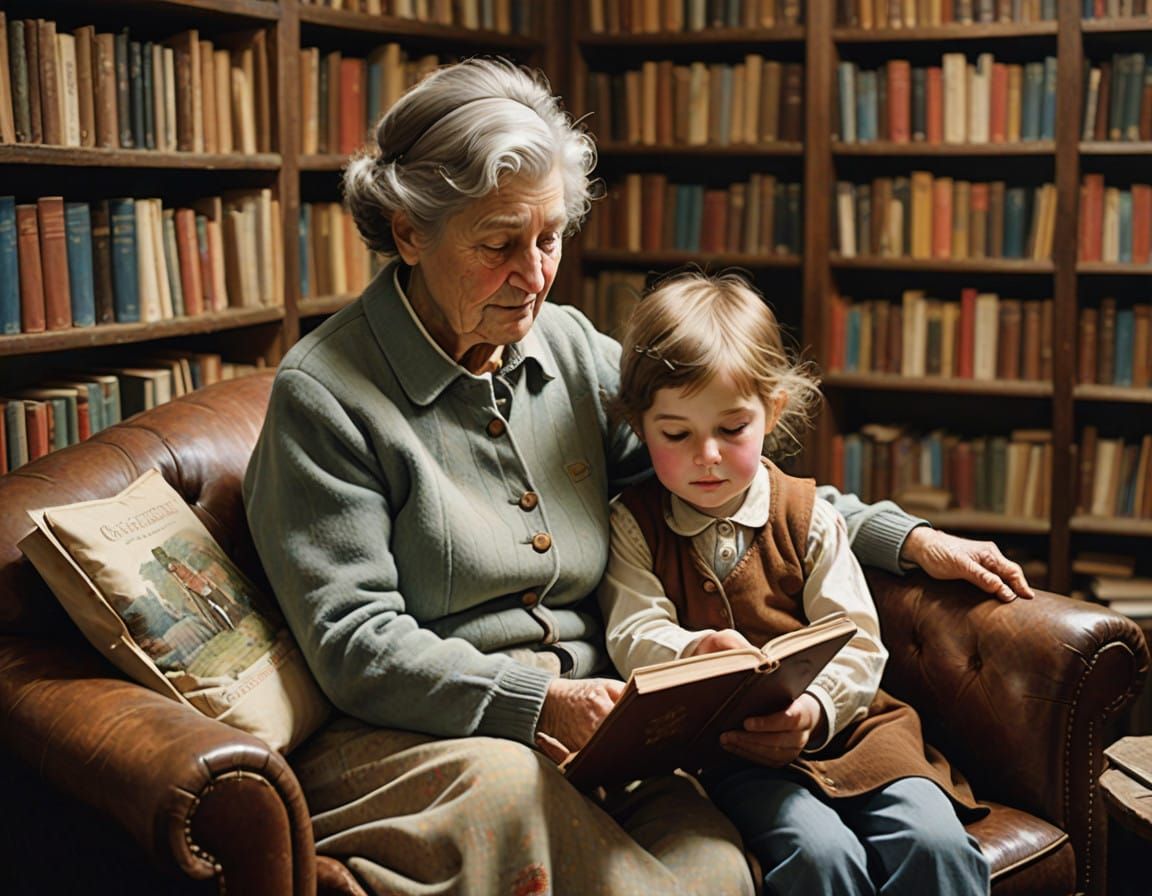 Cozy Afternoon with Grandmother and Child in Vintage Armchai...