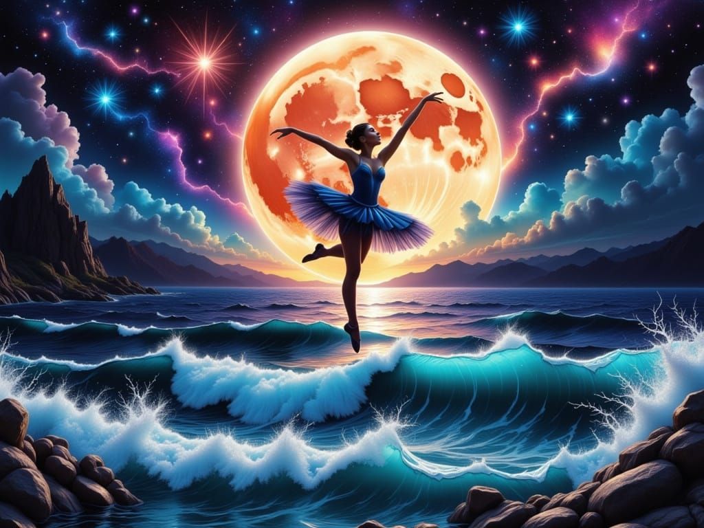 Ballerina Dances on Blood Moon in Surreal Cosmos