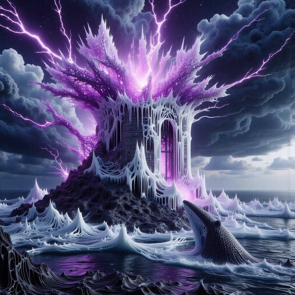 Surreal Lighthouse and Iris Dreamscape with Cosmic Galaxy