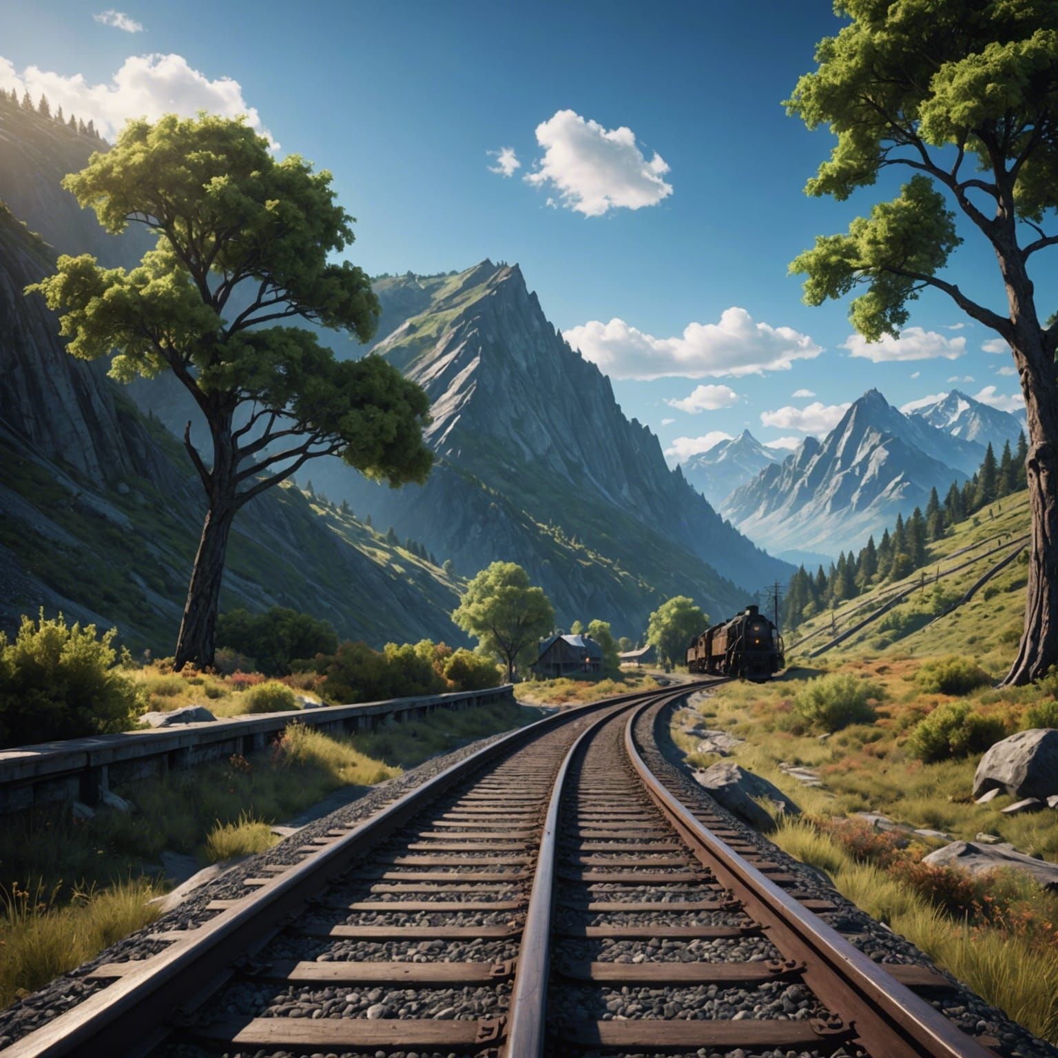 Railroad Tracks Curve into Mountainous Landscape