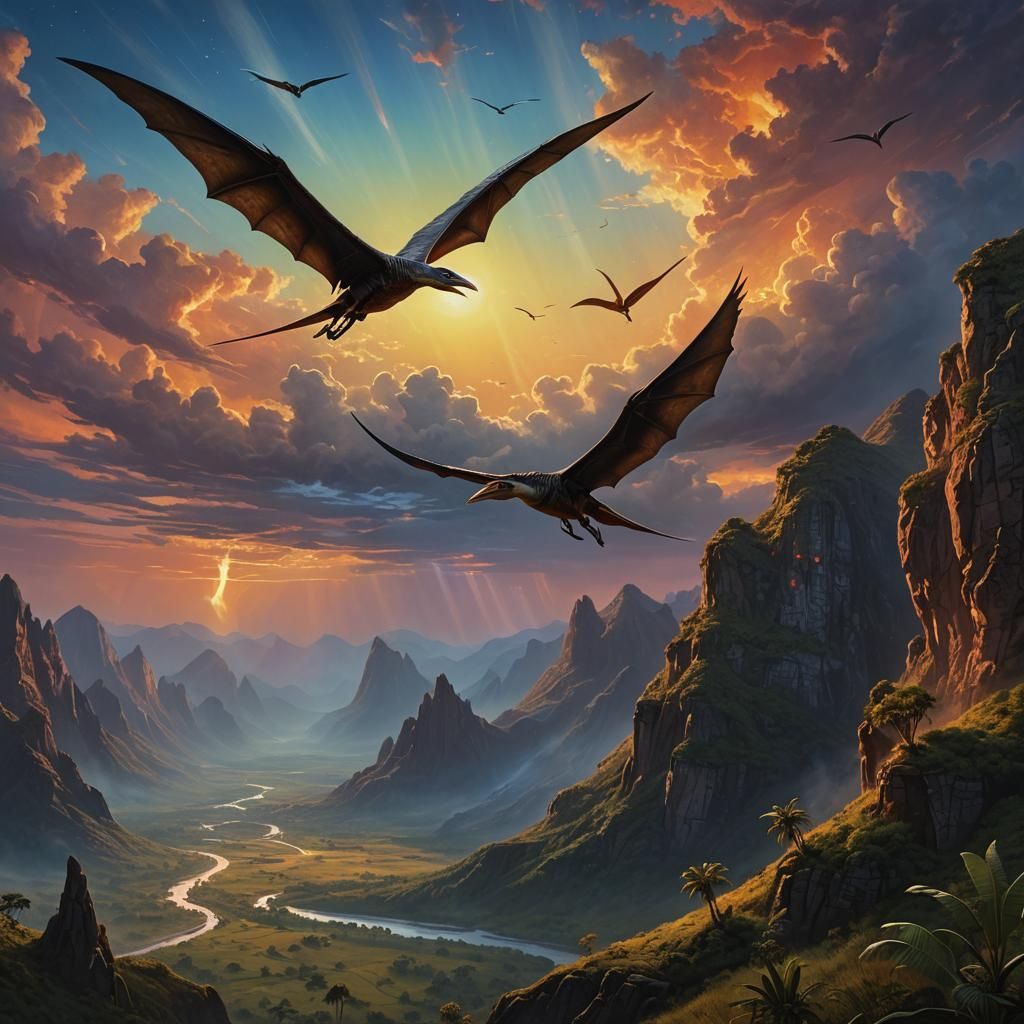 Pterosaur Soaring Over Prehistoric Valley as Oil Painting