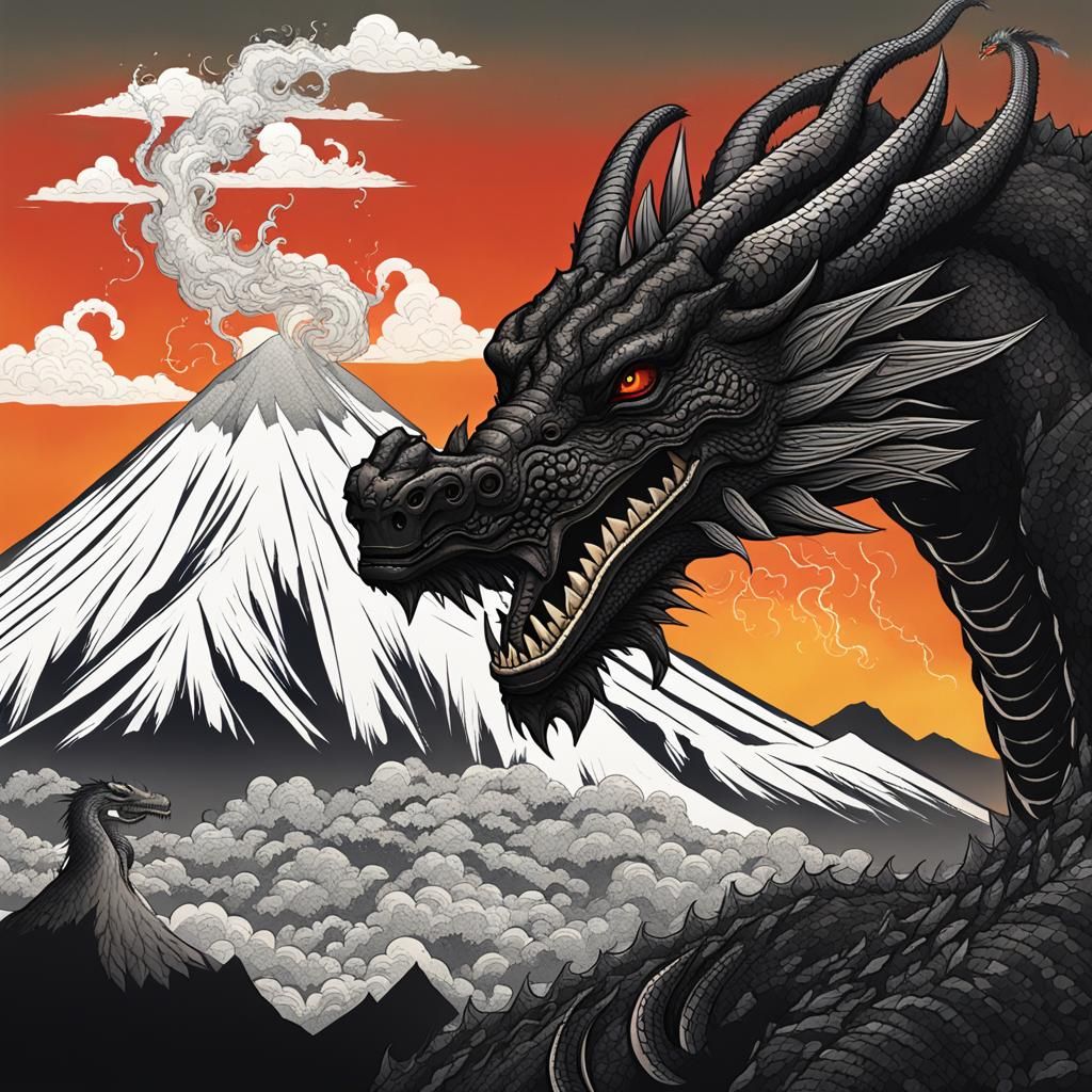 Black Eastern Dragon and Volcano Landscape