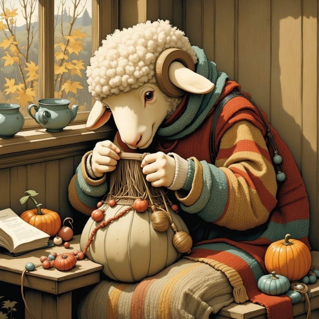 Sheep Knitting Colorful Sweater, Storybook Illustration